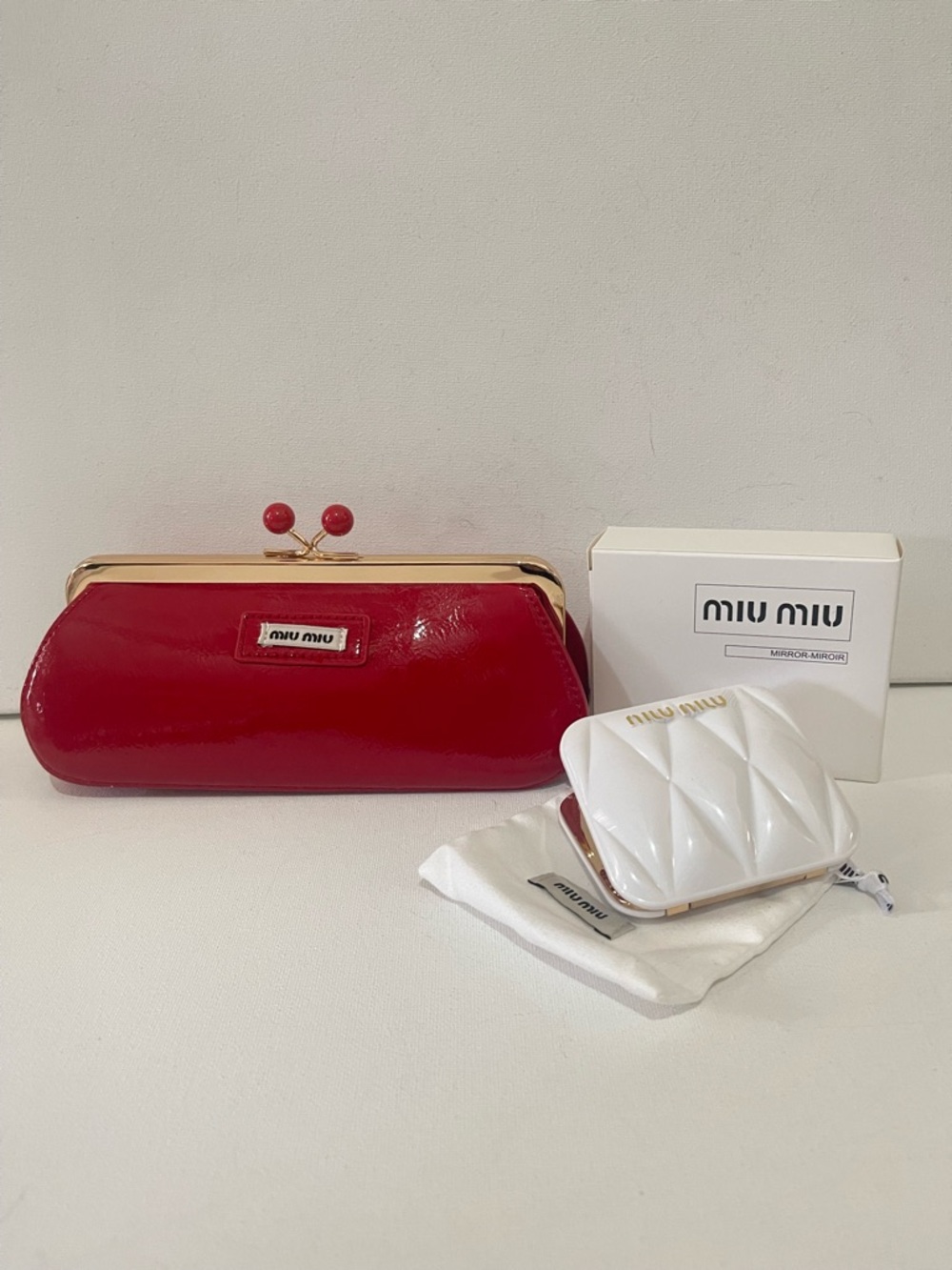 Miu Miu GWP white mirror and Red Patent Leather Kiss Lock Clutch Bag Crossbody